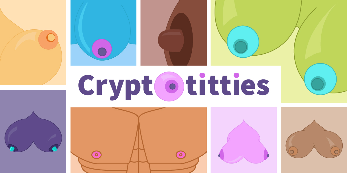 Drawings of multiple crypto titties in a vectorial cartoon style. Cryptotities are crypto collectables NFT ERC 721 build on the Ethereum blockchain.