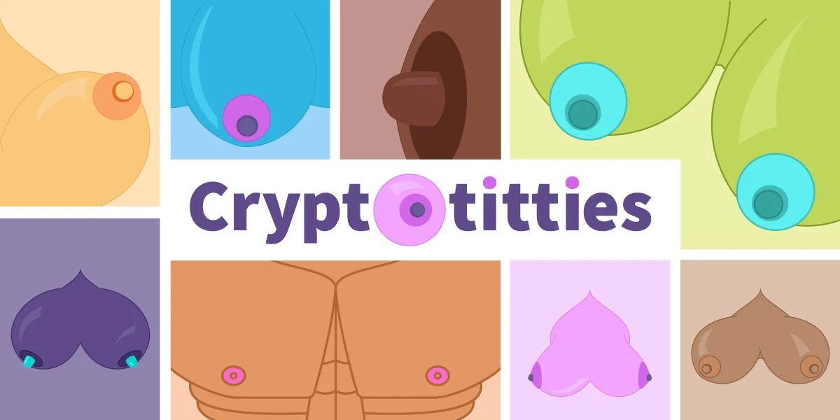 Drawings of multiple crypto titties in a vectorial cartoon style. Cryptotities are crypto collectables NFT ERC 721 build on the Ethereum blockchain.